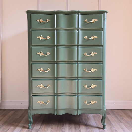 Refinished Green Solid Wood  Tallboy Dresser with Gold Hardware