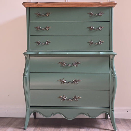 Refinished Tall French Wood Dresser in Martha’s Vineyard Green with Wood Top