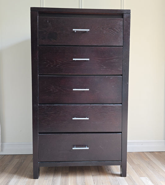 Modern Espresso Tall Dresser – 5-Drawer Chest with Sleek Metal Handles
