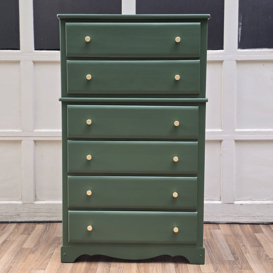 Vintage Green Tall Dresser | Hand-Refinished Modern Cottage Chest with Brass Knobs