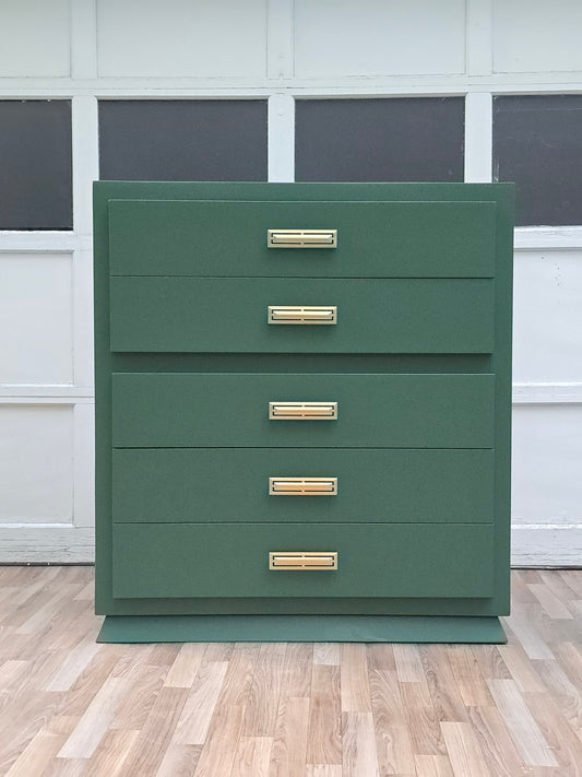 Modern Green Dresser | Hand-Refinished Forest Green 5-Drawer Chest with Brass Handles