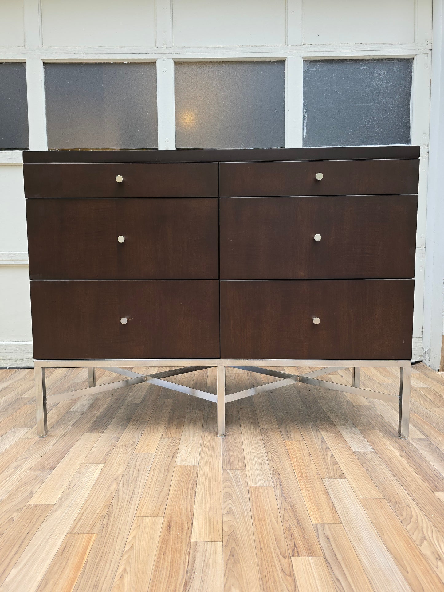 Mid-Century Modern Walnut Dresser, 6-Drawer Chest with Metal Base, Contemporary Brown Dresser, Minimalist Bedroom Storage