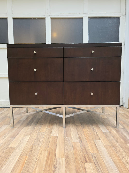 Mid-Century Modern Walnut Dresser, 6-Drawer Chest with Metal Base, Contemporary Brown Dresser, Minimalist Bedroom Storage