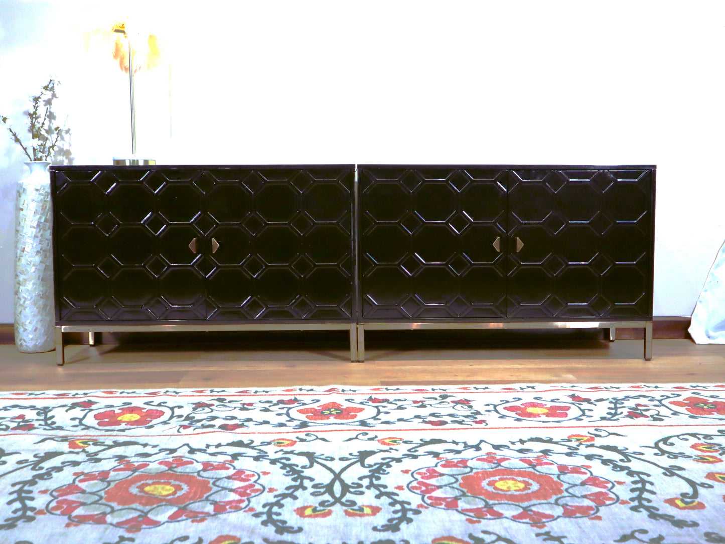 Modern Black Lacquer Sideboard – Geometric 4-Door Credenza with Brass Base