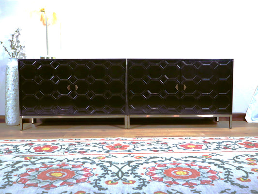 Modern Black Lacquer Sideboard – Geometric 4-Door Credenza with Brass Base