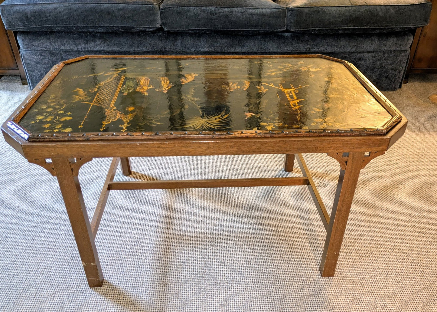 Vintage Chinoiserie Lacquer Coffee Table | Asian Art Painted Glass Top Table