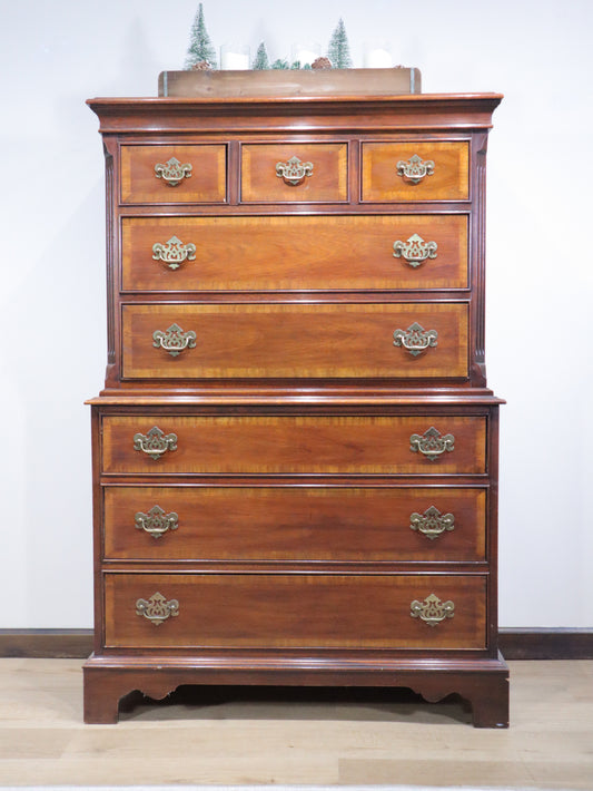 Dixie Highboy Dresser – Solid Wood Chest-on-Chest with Brass Hardware | Vintage Tall Dresser