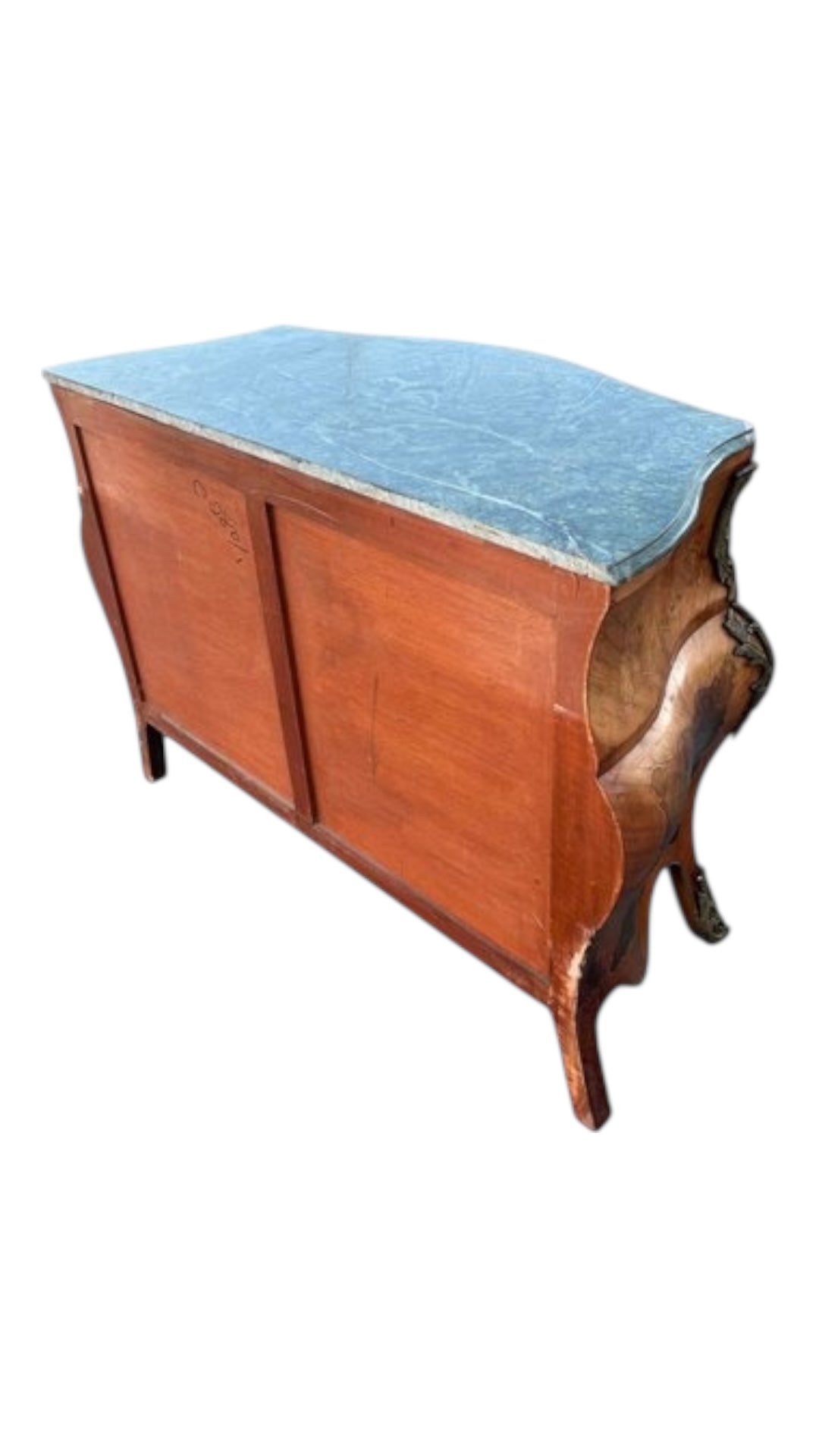 Louis XV Bombe Chest – Antique Three-Drawer Dresser with Inlay and Marble Top