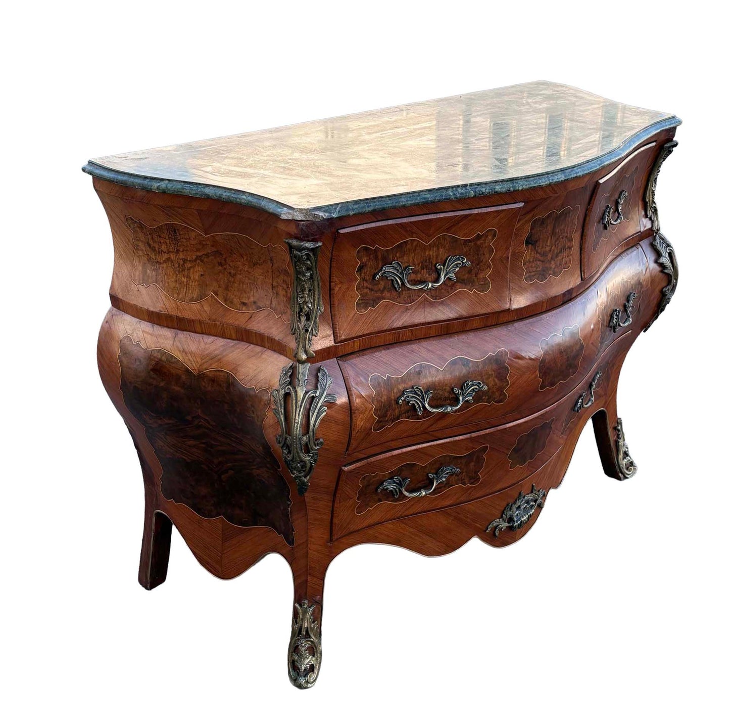 Louis XV Bombe Chest – Antique Three-Drawer Dresser with Inlay and Marble Top