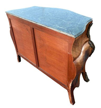 Louis XV Bombe Chest – Antique Three-Drawer Dresser with Inlay and Marble Top
