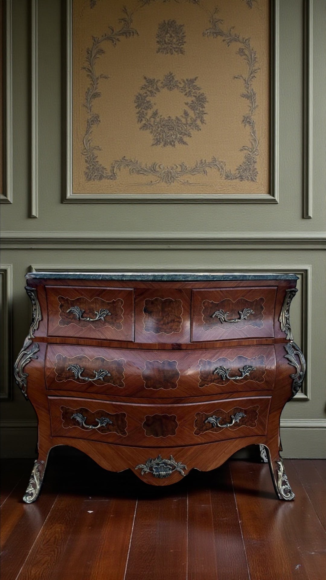 Louis XV Bombe Chest – Antique Three-Drawer Dresser with Inlay and Marble Top