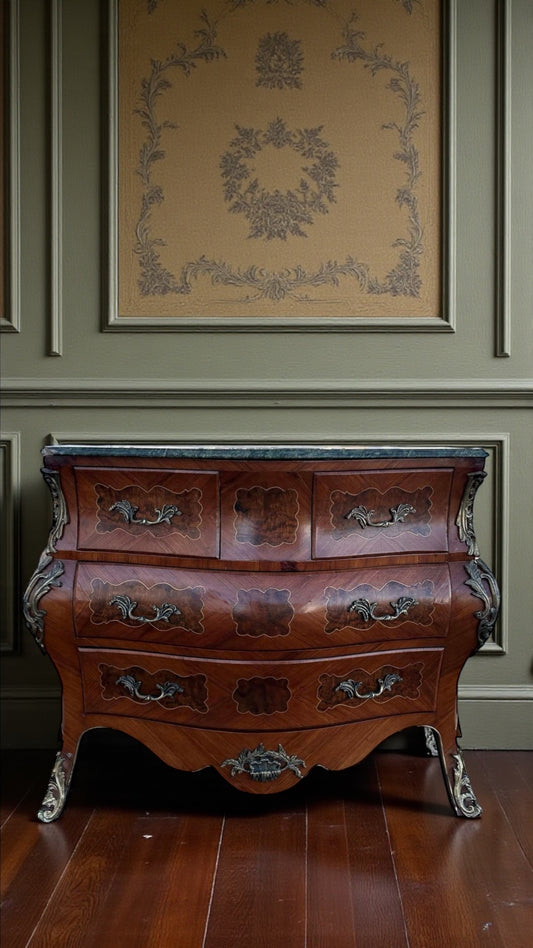 Louis XV Bombe Chest – Antique Three-Drawer Dresser with Inlay and Marble Top