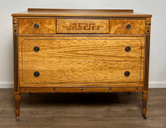 Neoclassical Style Inlaid Flame Birch Dresser – Antique Empire Chest with Star and Urn Carvings