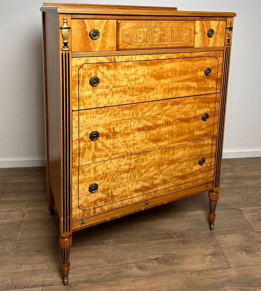 Neoclassical Flame Birch Tall Chest – Antique Empire Style Dresser with Urn Carvings and Inlay
