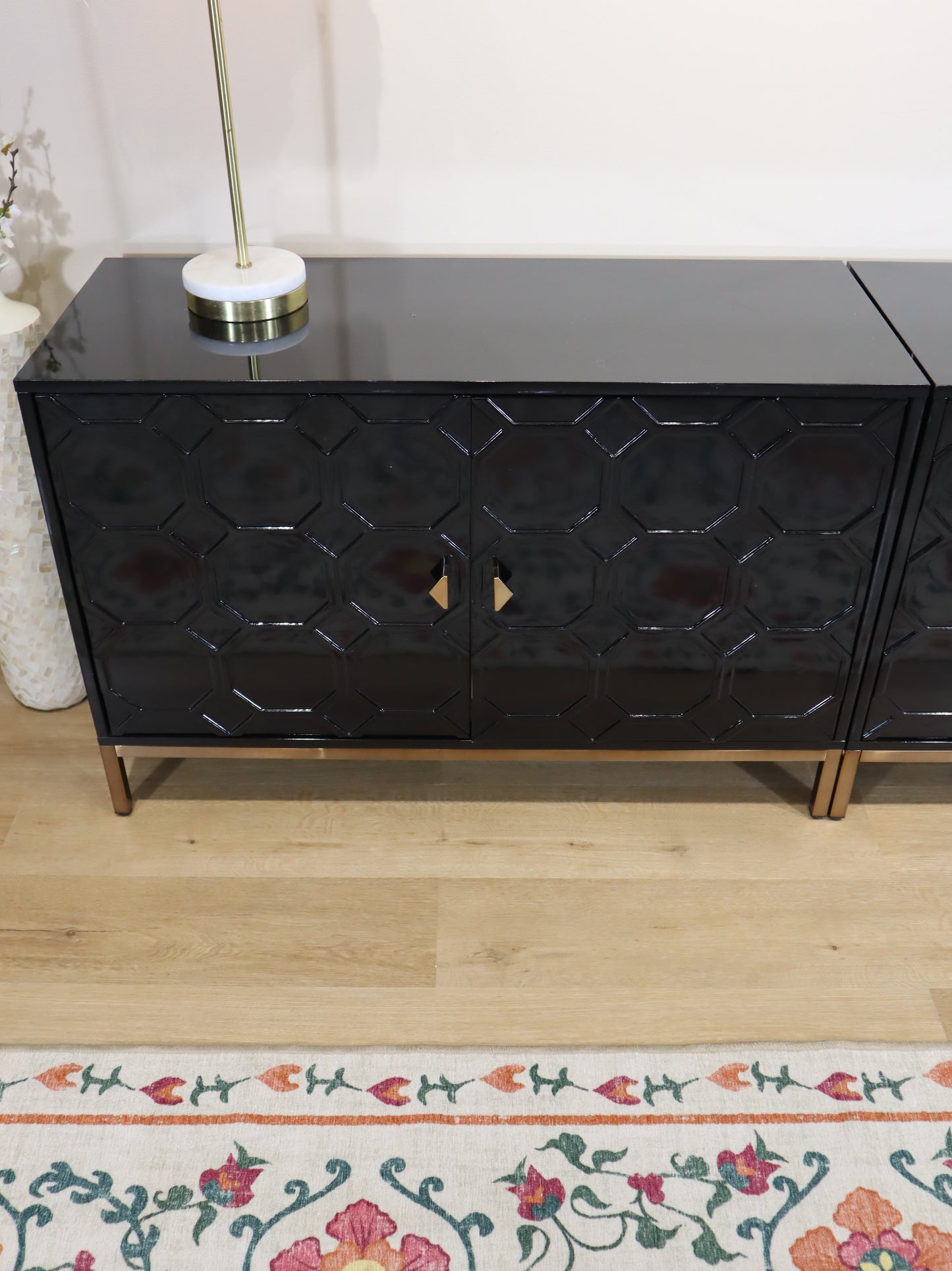 Modern Black Lacquer Sideboard – Geometric 4-Door Credenza with Brass Base