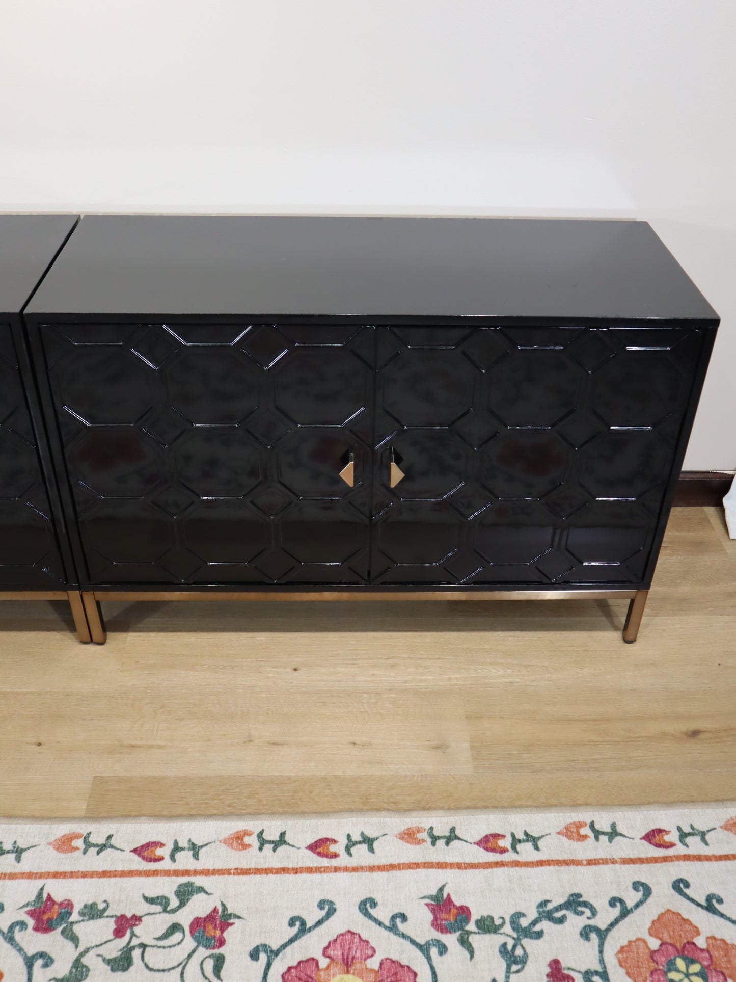 Modern Black Lacquer Sideboard – Geometric 4-Door Credenza with Brass Base