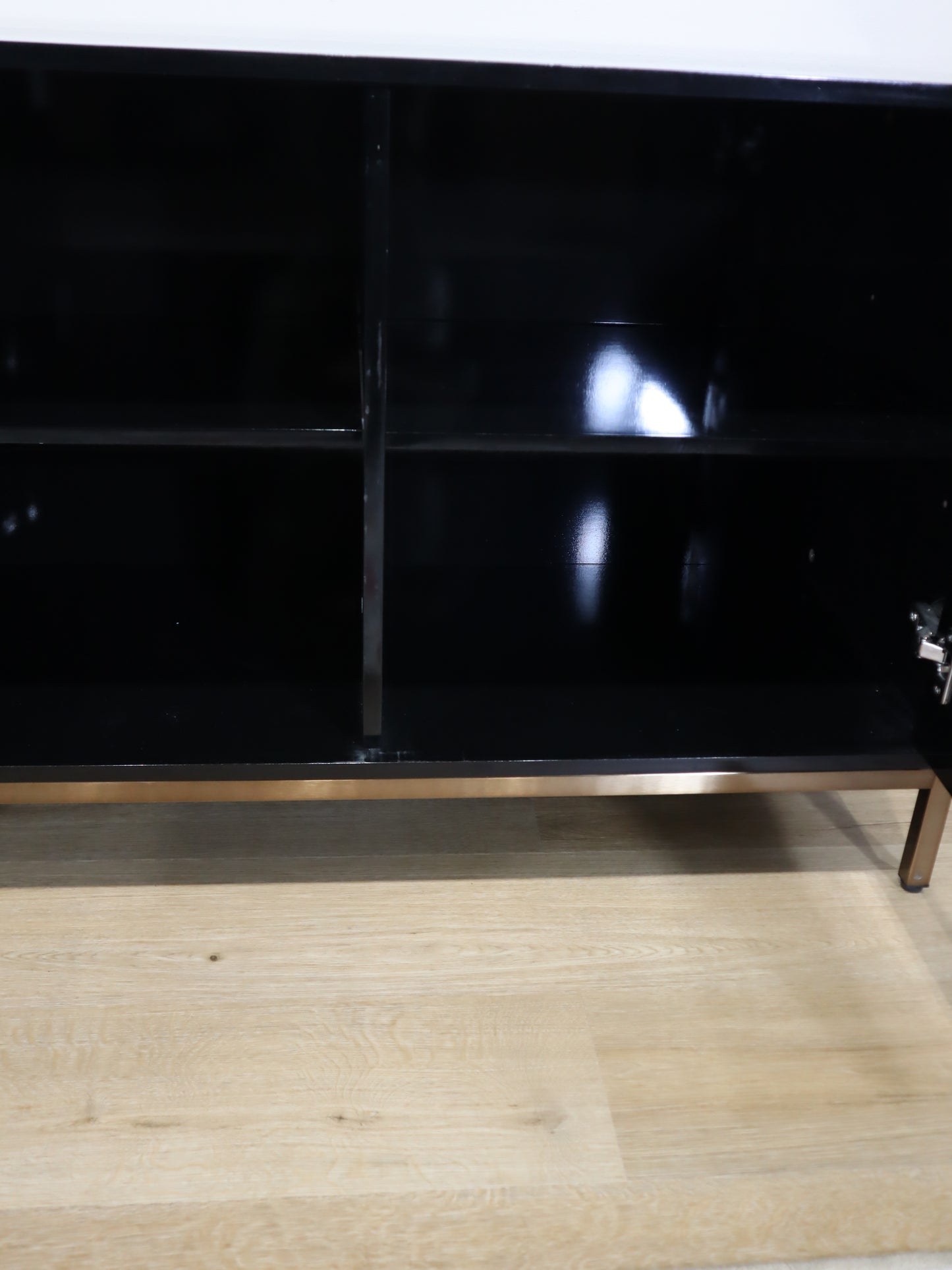 Modern Black Lacquer Sideboard – Geometric 4-Door Credenza with Brass Base