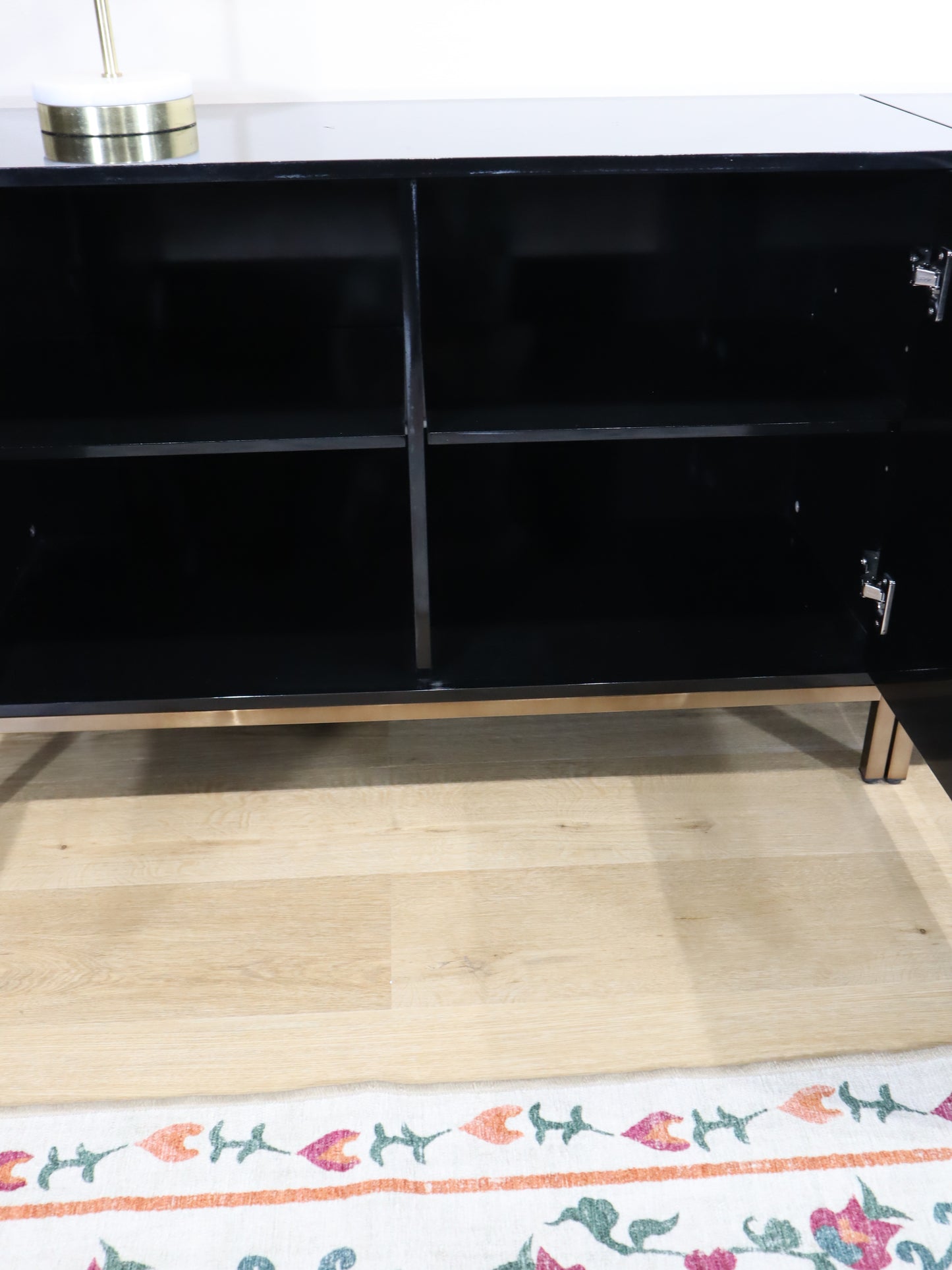 Modern Black Lacquer Sideboard – Geometric 4-Door Credenza with Brass Base