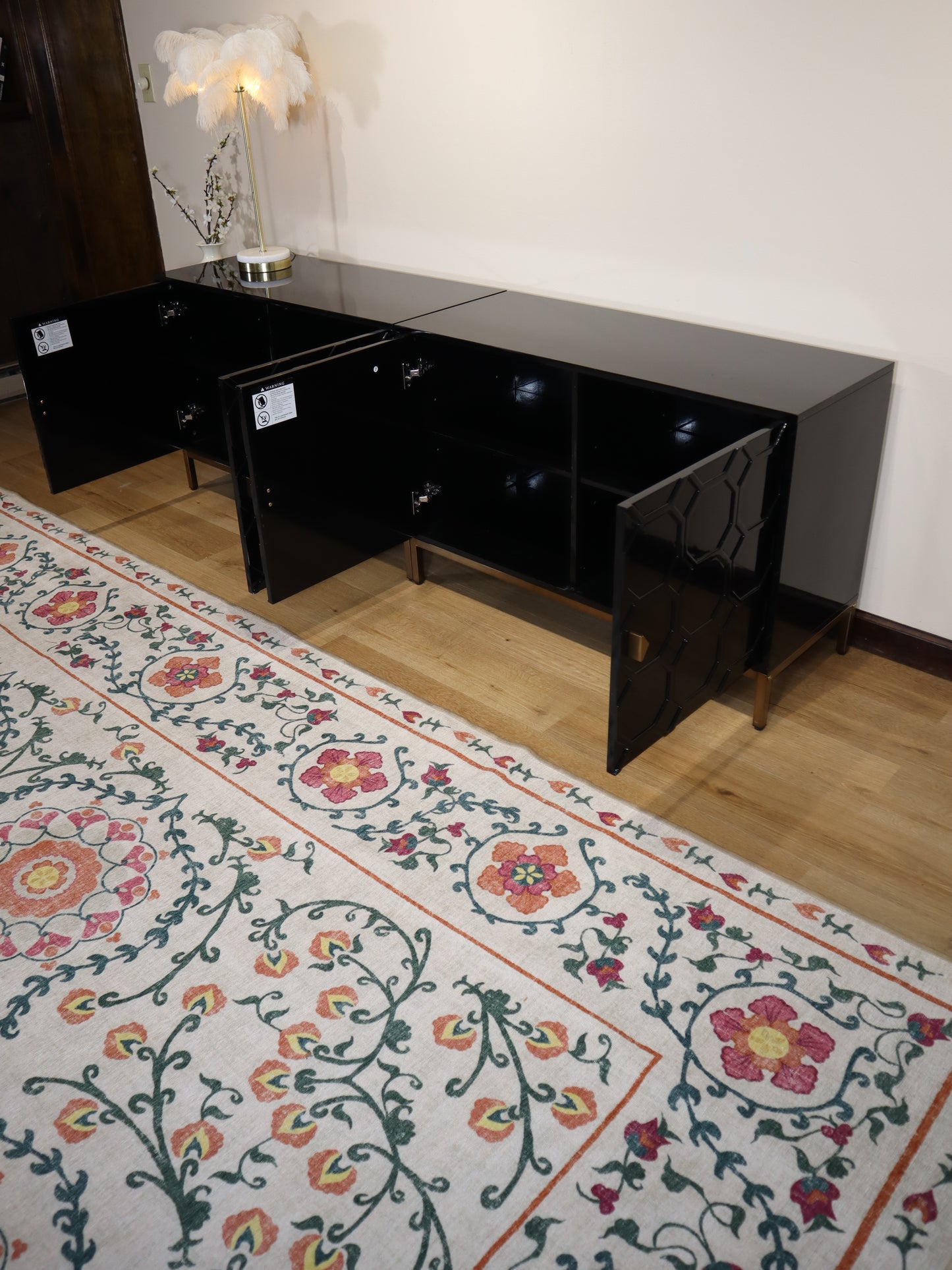 Modern Black Lacquer Sideboard – Geometric 4-Door Credenza with Brass Base