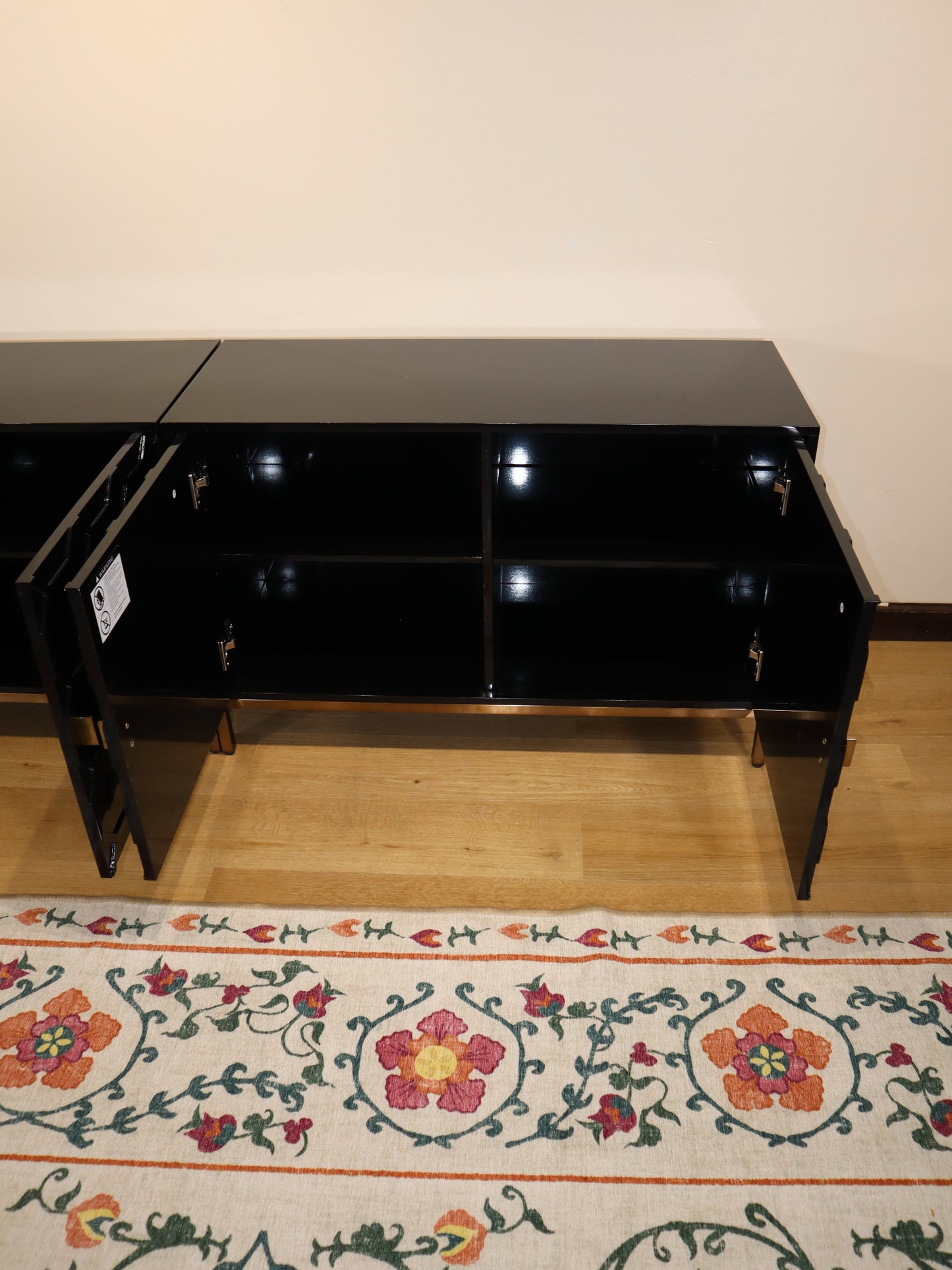 Modern Black Lacquer Sideboard – Geometric 4-Door Credenza with Brass Base