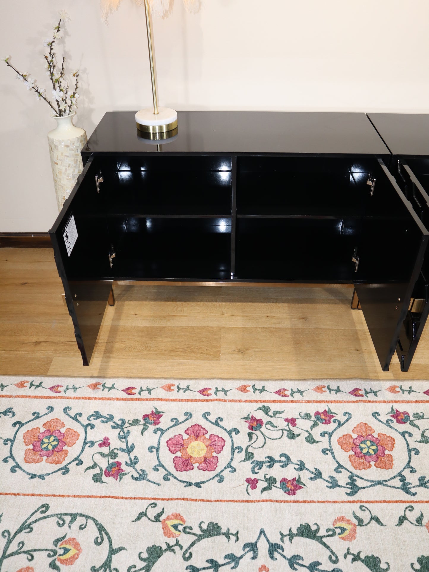 Modern Black Lacquer Sideboard – Geometric 4-Door Credenza with Brass Base
