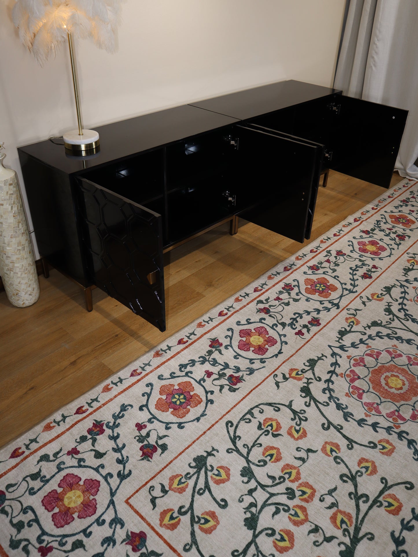 Modern Black Lacquer Sideboard – Geometric 4-Door Credenza with Brass Base