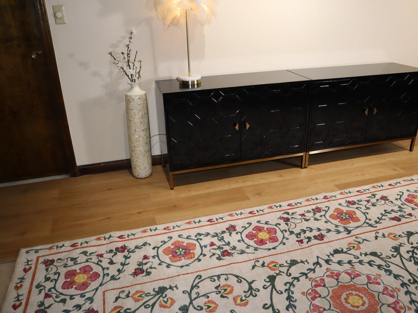 Modern Black Lacquer Sideboard – Geometric 4-Door Credenza with Brass Base
