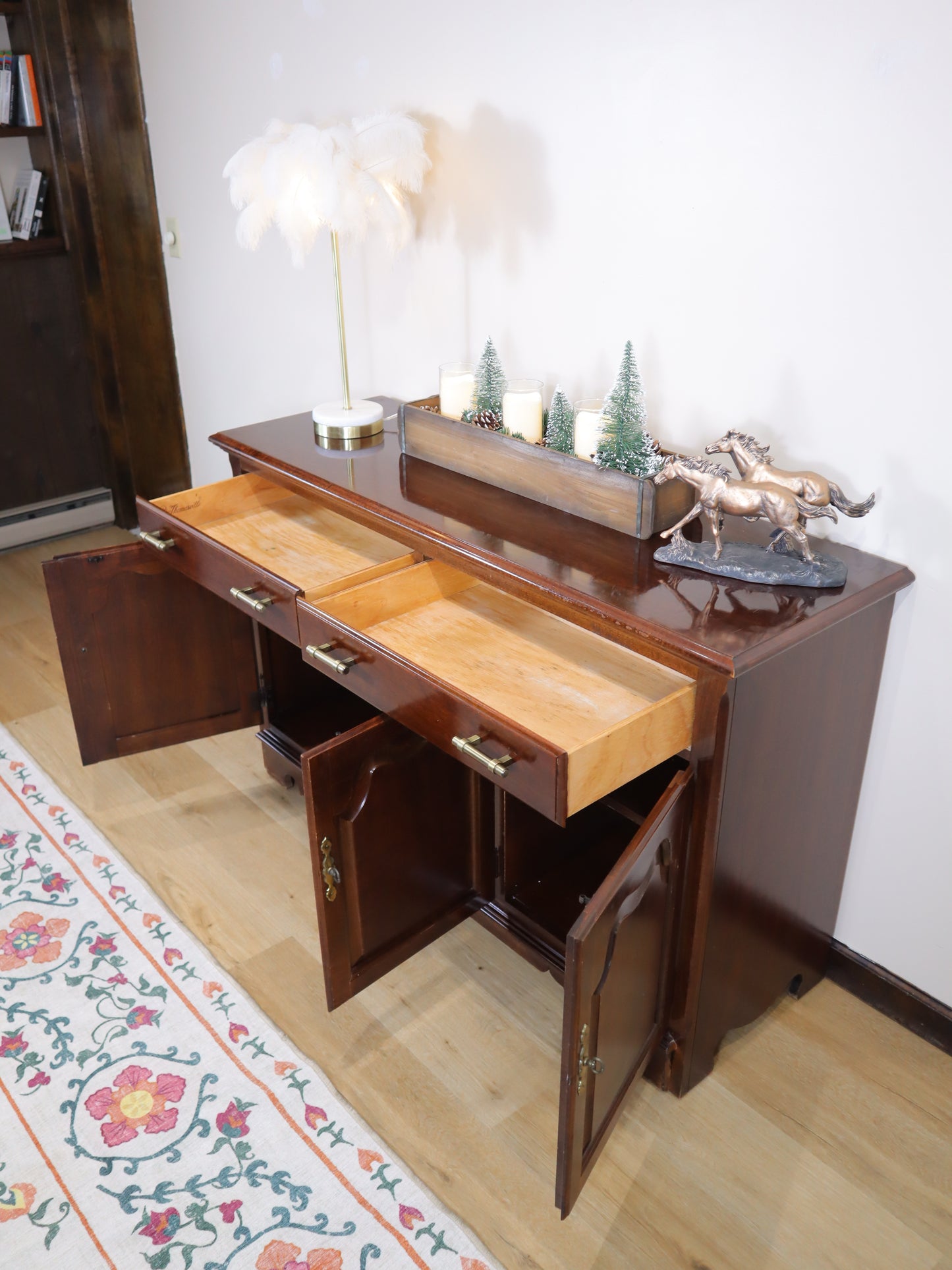 Thomasville Vintage Sideboard – Solid Wood 3-Door Credenza with Brass Hardware