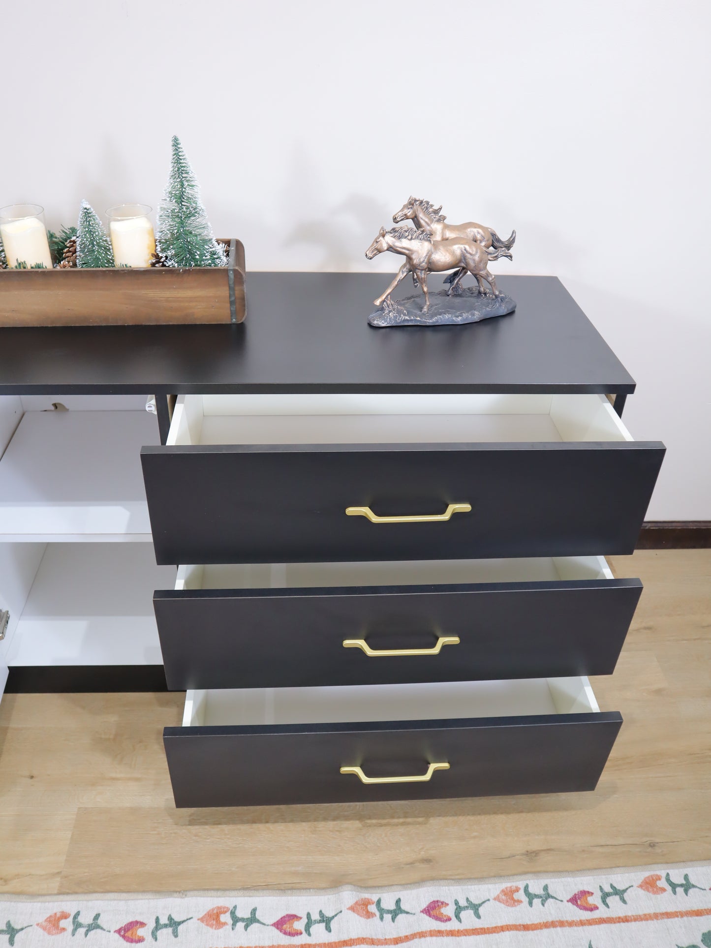 Modern Minimalist Black 6-Drawer Low Dresser with Central Cabinet