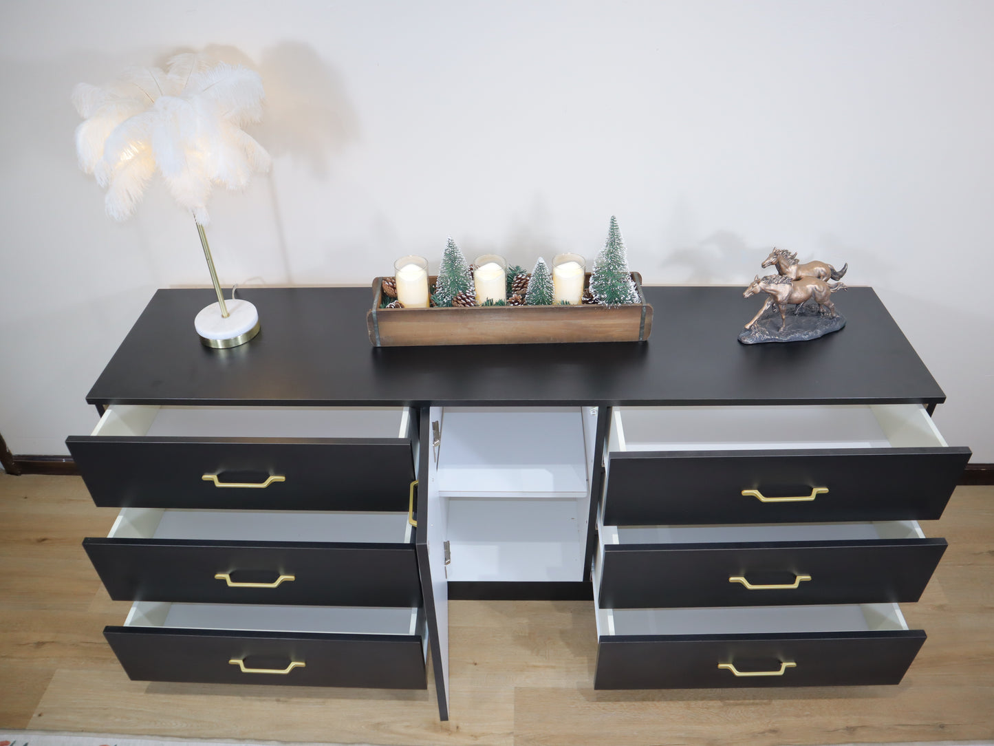 Modern Minimalist Black 6-Drawer Low Dresser with Central Cabinet