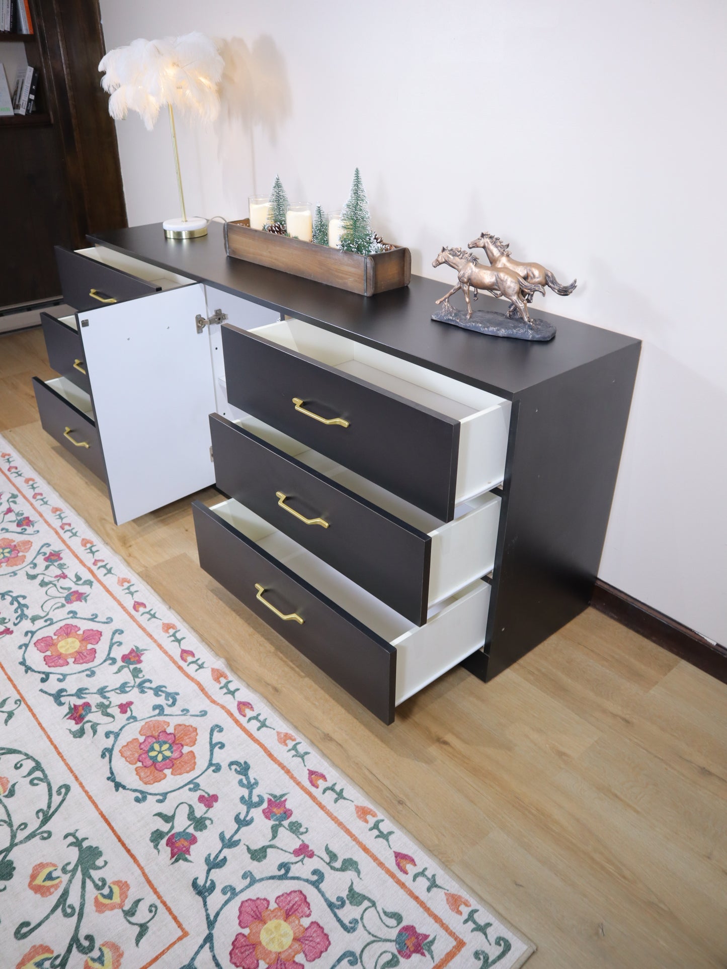 Modern Minimalist Black 6-Drawer Low Dresser with Central Cabinet