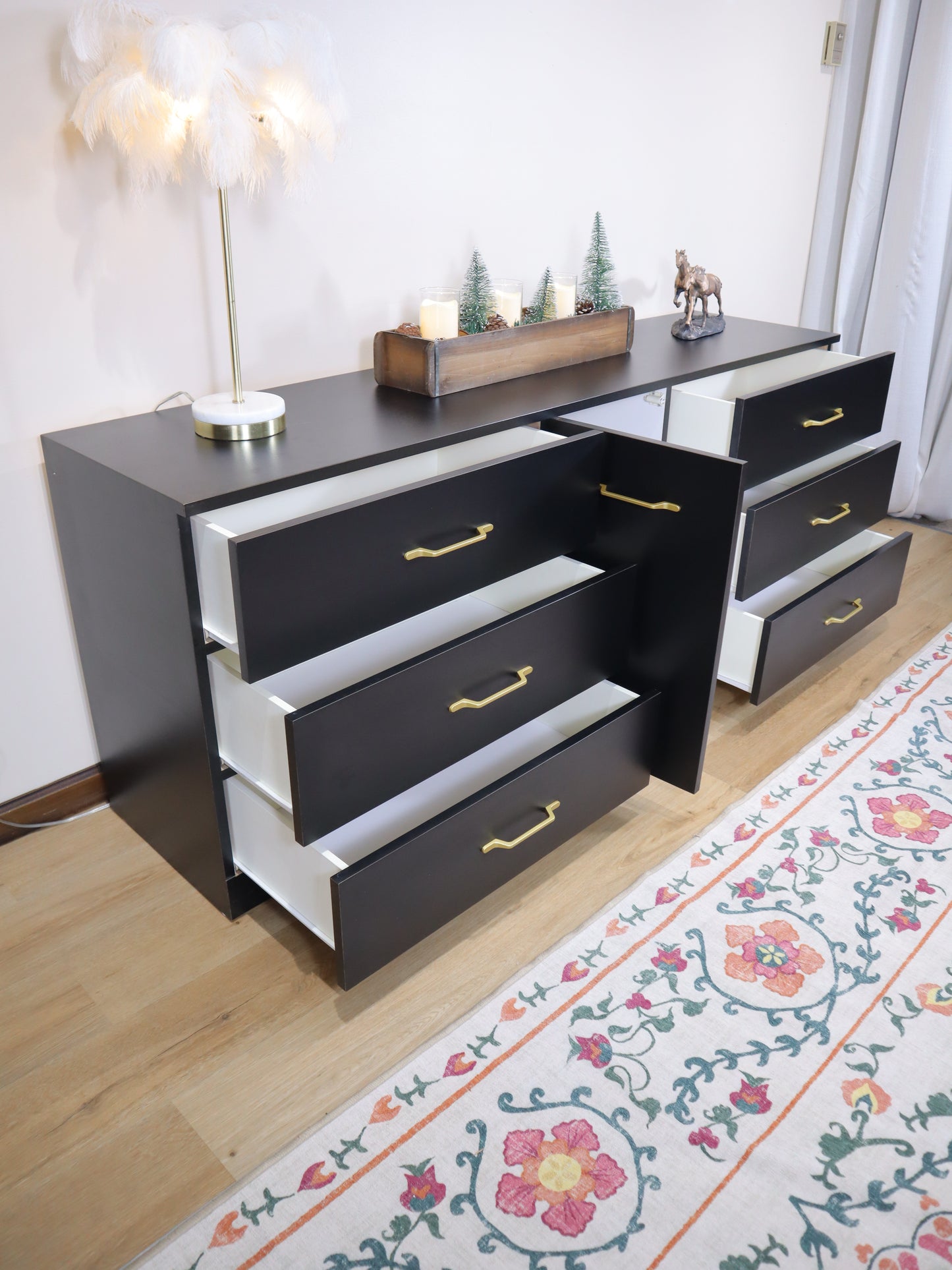 Modern Minimalist Black 6-Drawer Low Dresser with Central Cabinet