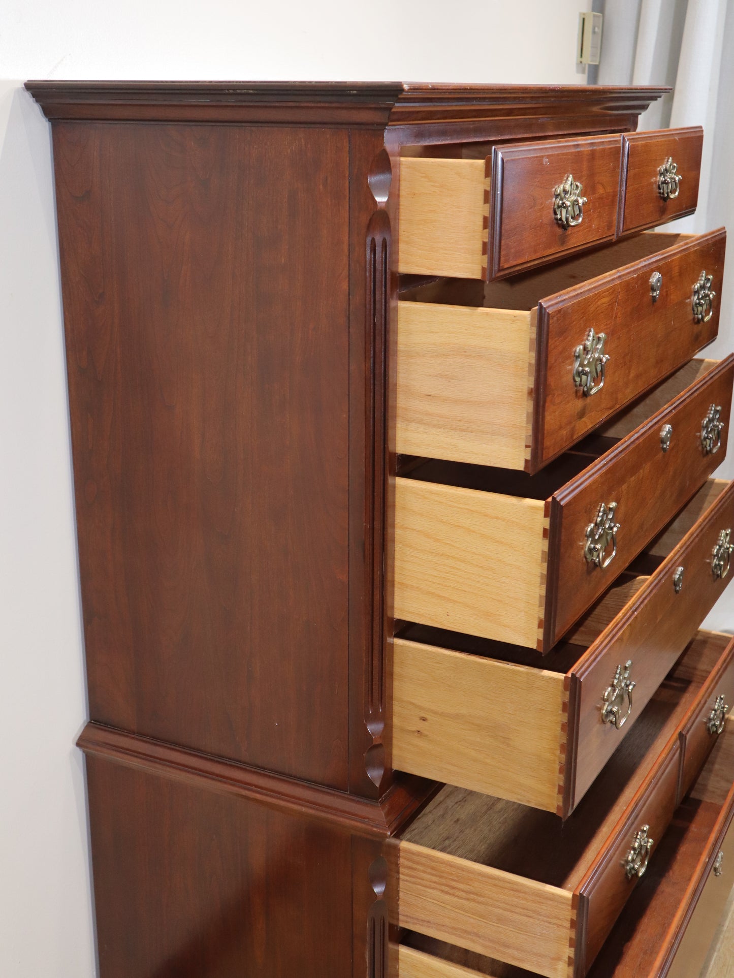 Pennsylvania House Highboy – Solid Cherry Chest-on-Chest with Brass Hardware | Vintage Tall Dresser