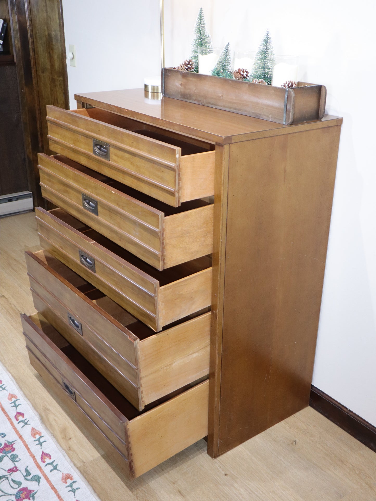 Thomasville Mid-Century Campaign-Style Tall Dresser – Solid Wood, 6 Drawers