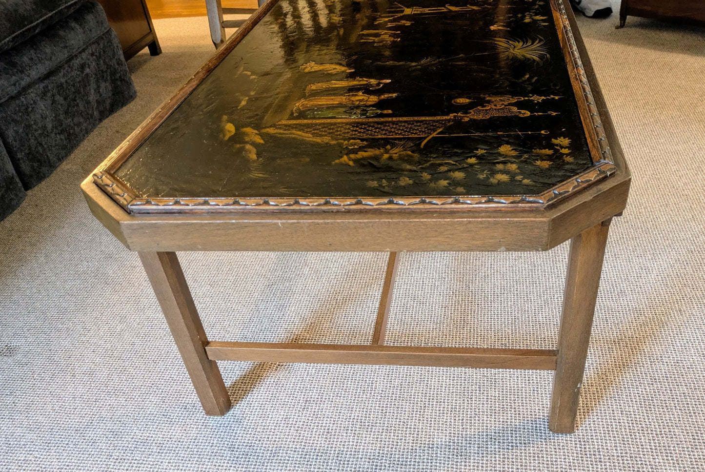 Vintage Chinoiserie Lacquer Coffee Table | Asian Art Painted Glass Top Table