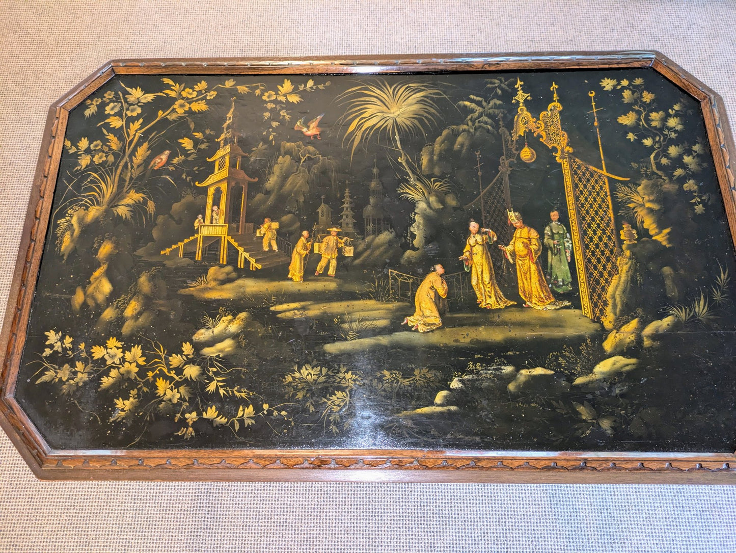 Vintage Chinoiserie Lacquer Coffee Table | Asian Art Painted Glass Top Table