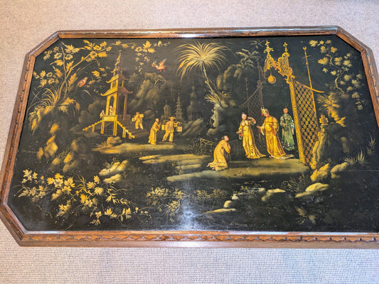 Vintage Chinoiserie Lacquer Coffee Table | Asian Art Painted Glass Top Table