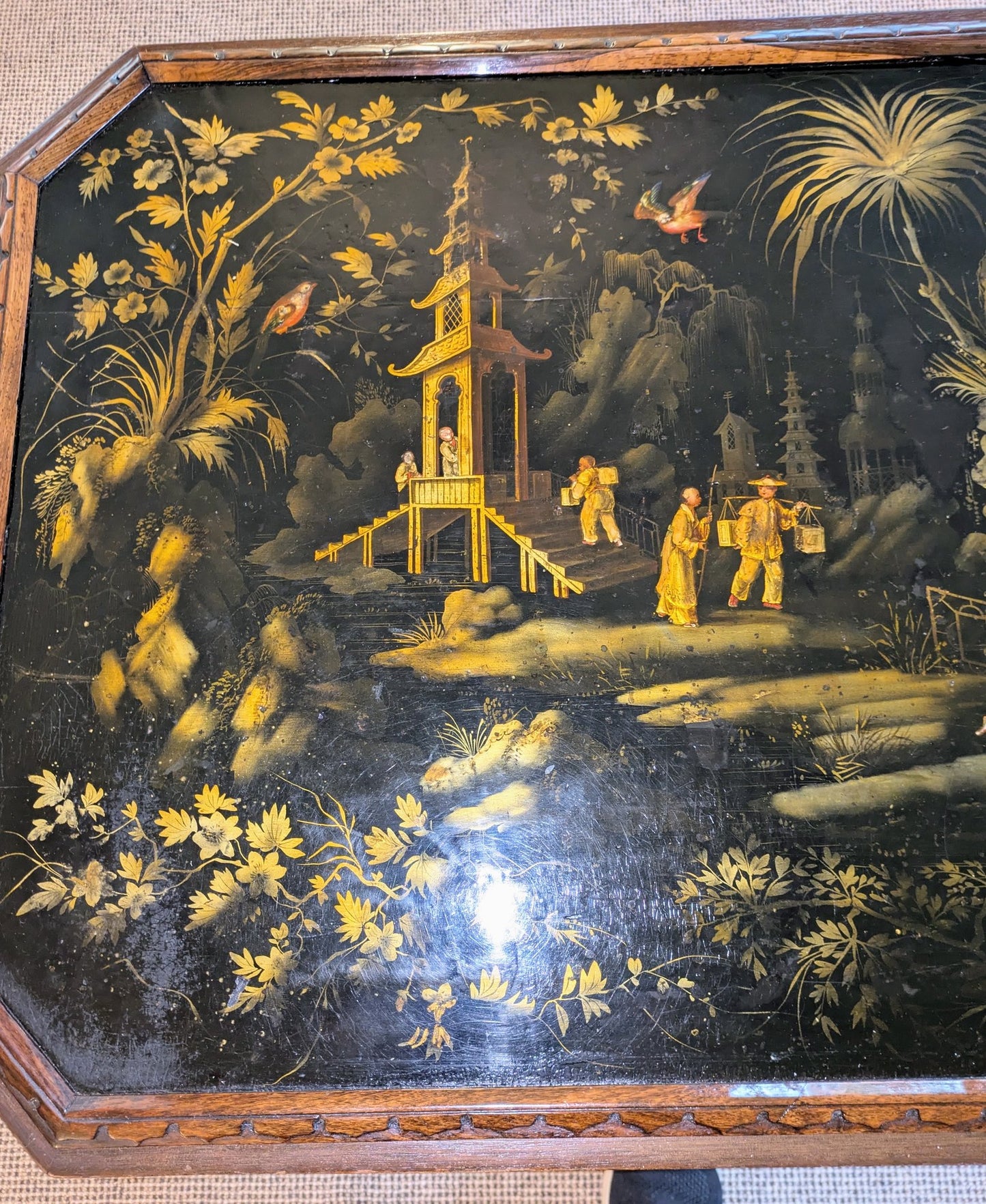 Vintage Chinoiserie Lacquer Coffee Table | Asian Art Painted Glass Top Table