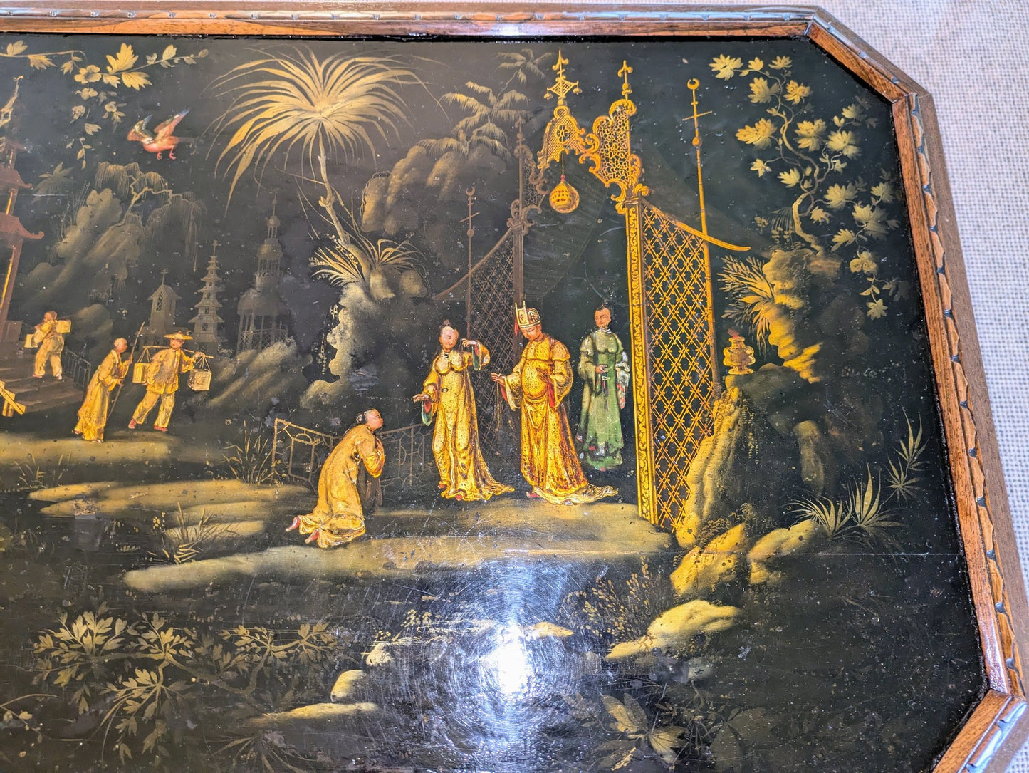 Vintage Chinoiserie Lacquer Coffee Table | Asian Art Painted Glass Top Table