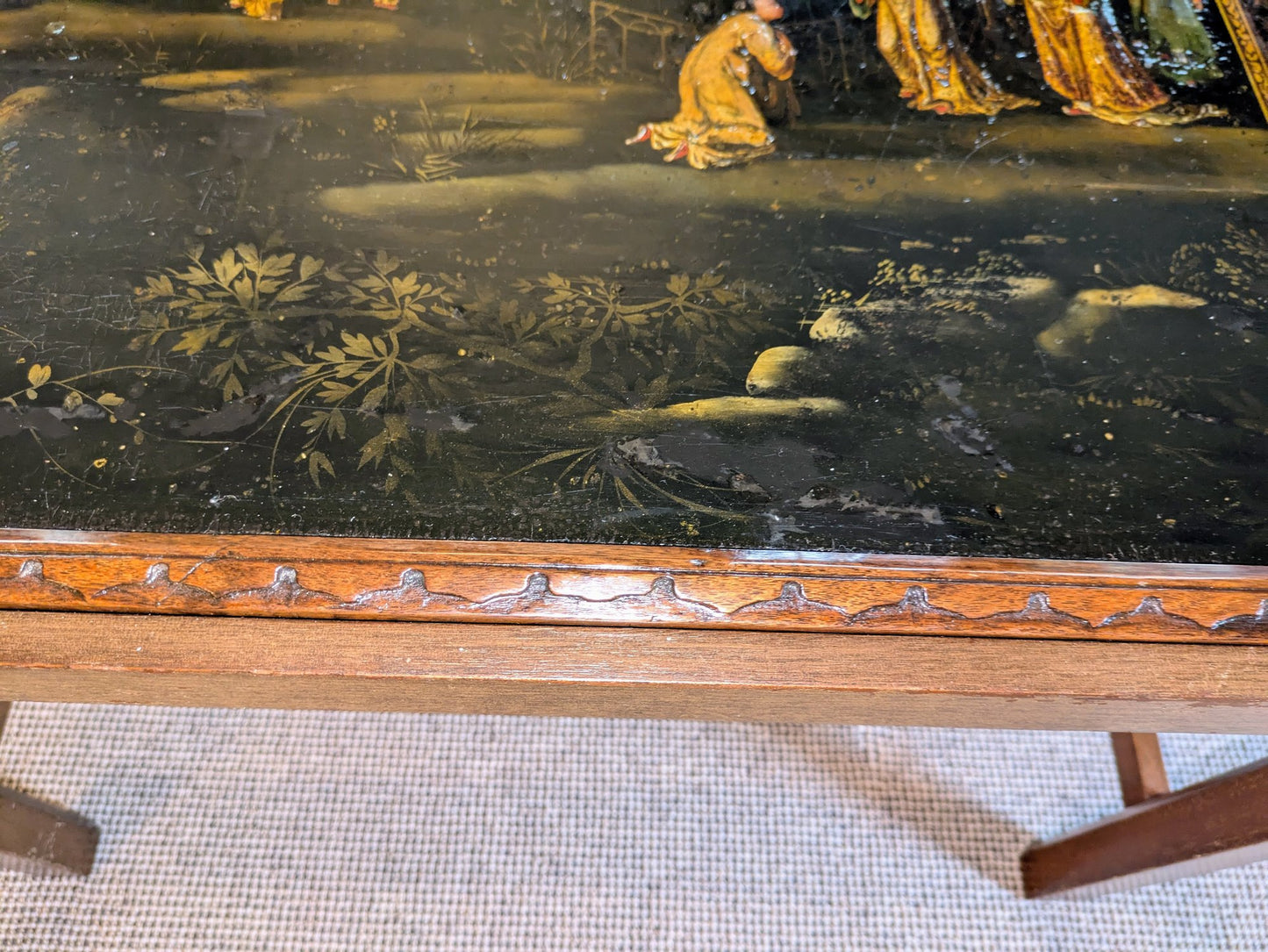 Vintage Chinoiserie Lacquer Coffee Table | Asian Art Painted Glass Top Table