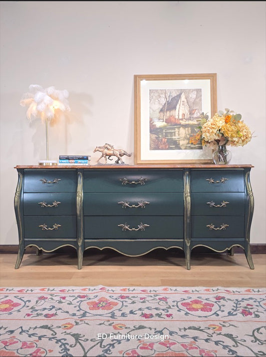 Hand-Painted French Bombe Dresser – 9-Drawer Louis XV Style Chest in Deep Green & Gold